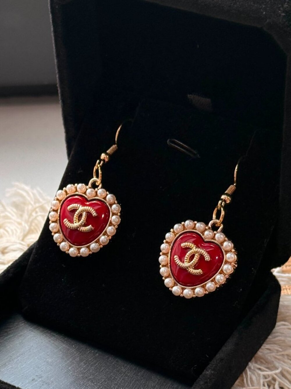 FREE Shipping✨Vintage CC Red Heart+Pearl Upcycled Earrings✨BOGO Sale